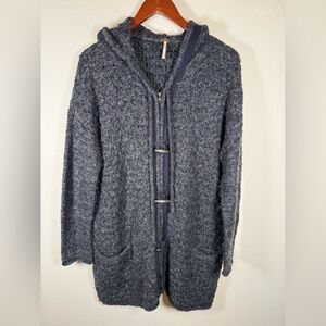 Free People Navy Gray Long Zip Up Toggle Button Sweater Jacket XS Oversized